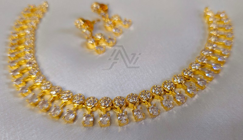 AD White Stone Gold Colour Necklace with Earrings