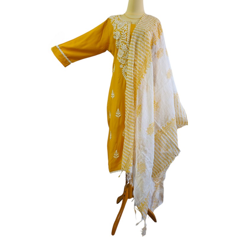 Rayon Straight Cut Kurta with Pant and Duppatta - Yellow