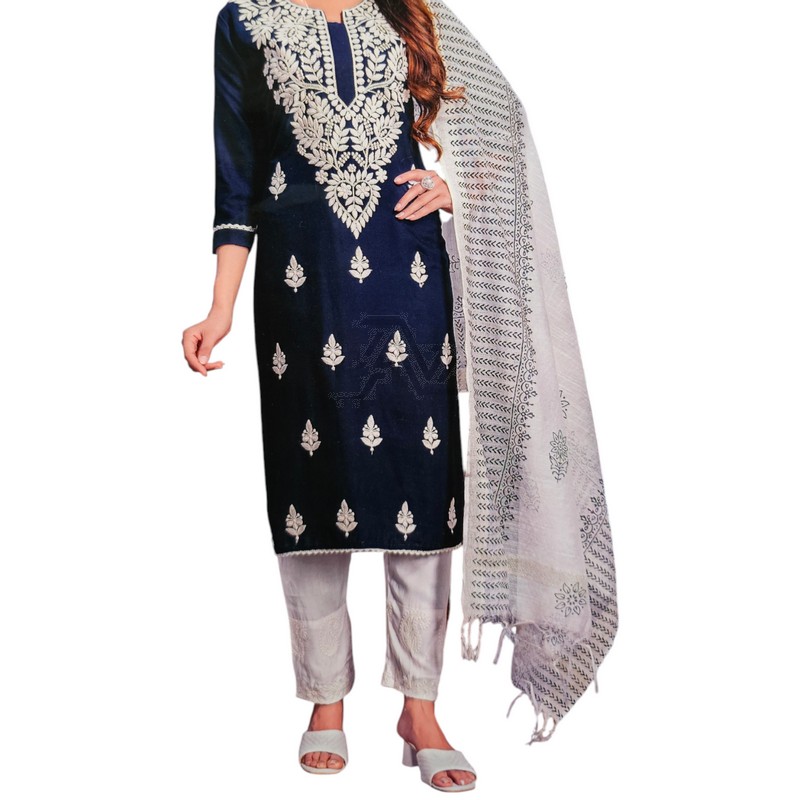 Rayon Straight Cut Kurta with Pant and Duppatta - Navy Blue