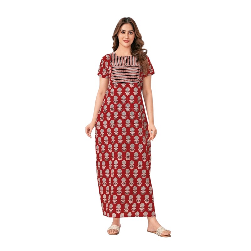 Pranjul Nighty - Maroon Floral Pattern