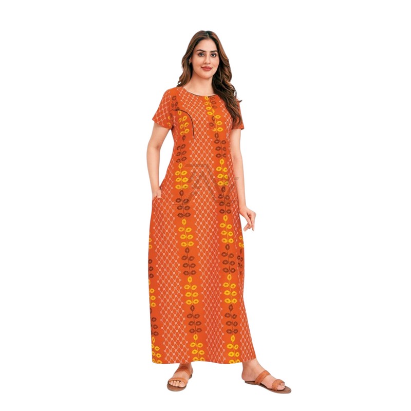 Pranjul Nighty - Orange with Yellow and Black