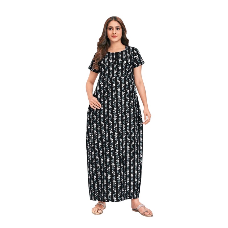 Pranjul Nighty - Black with Leaves Stripes