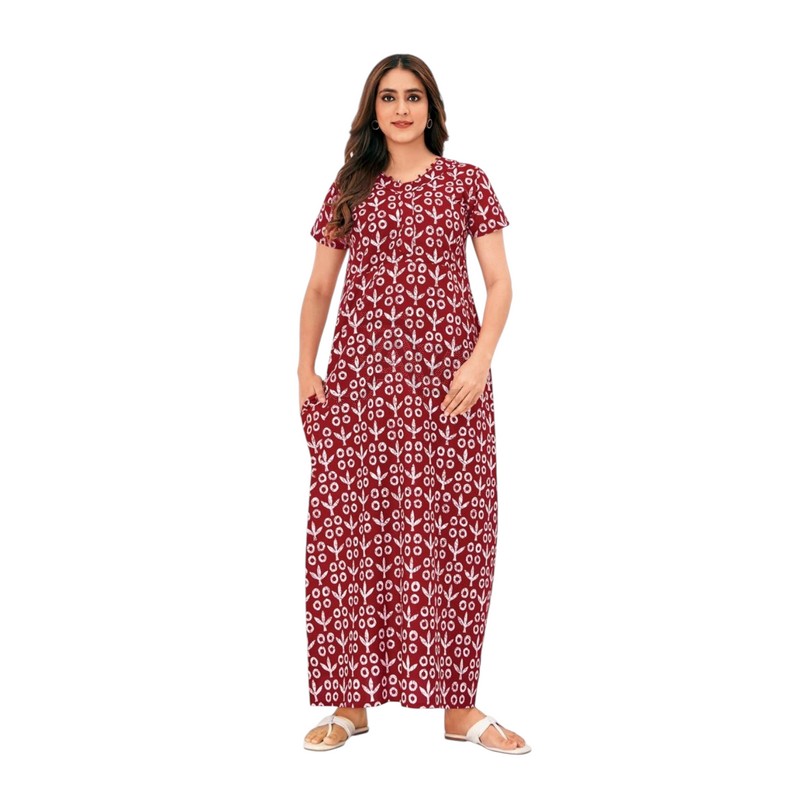 Pranjul Nighty - Maroon with White Circles and Leaves