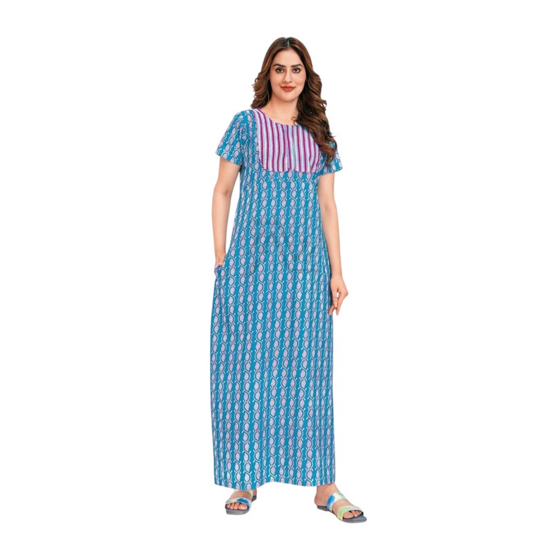 Pranjul Nighty - Blue with White and Pink Yoke