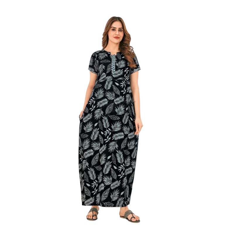 Pranjul Nighty - Black with Grey Leaves